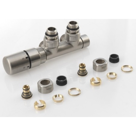 Valve thermostatique en angle TWIN Set, gauche/mêlée. conn./brushed inox steel