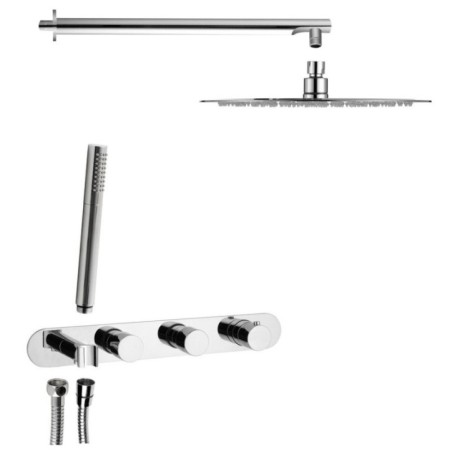 Douche en béton avec mélangeur thermostatique et porte-douche, 2 prises, rond, chrome