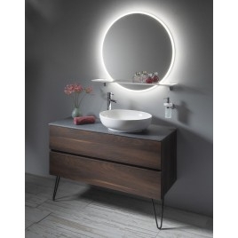 Miroir rond VISO avec éclairage LED et étagère, ø 70cm, blanc mat