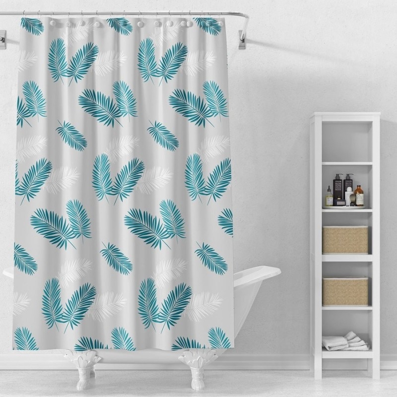 Rideau de douche 180x180cm, vinyle, gris, feuilles vertes