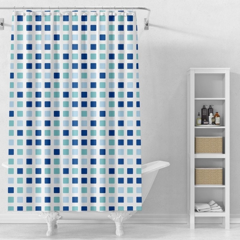Rideau de douche 180x180cm, vinyle, blanc, dés bleu