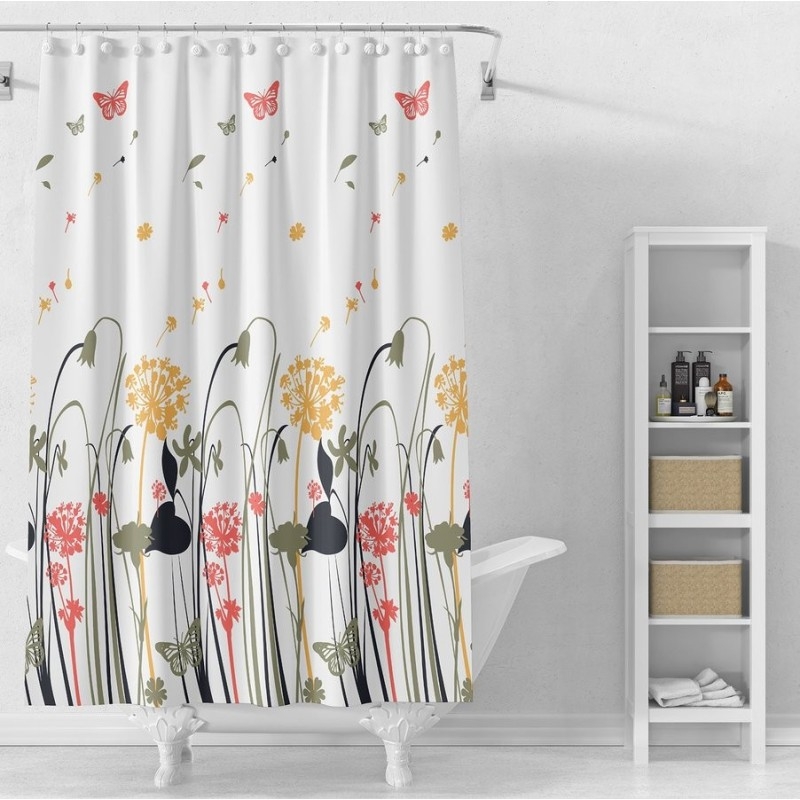 Rideau de douche 180x180cm, vinyle, blanc, fleurs colorées