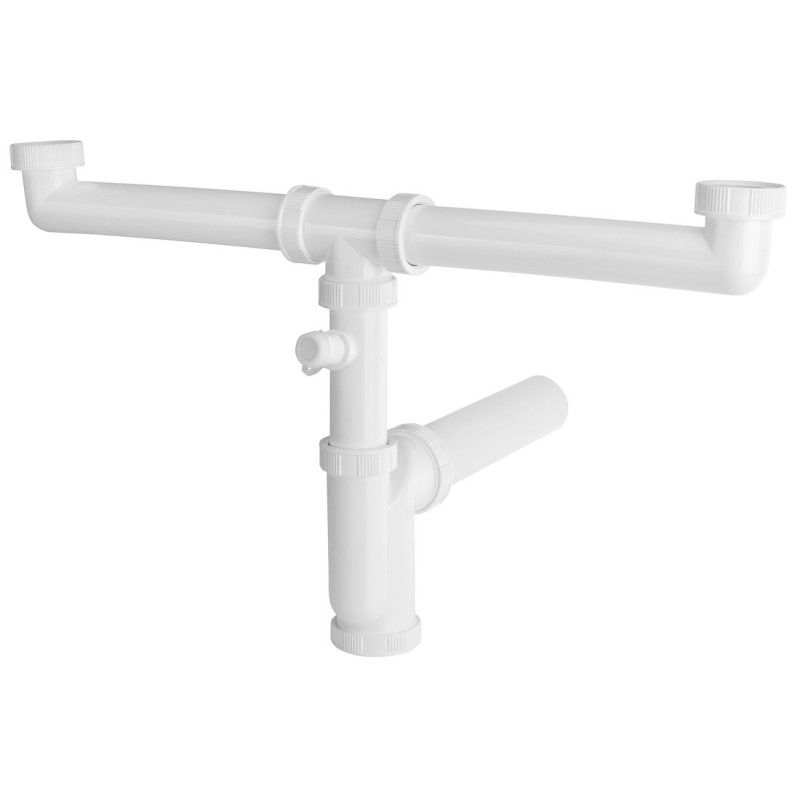 Trap coulé avec branchement de machine à laver Spigot 6/4“, pour double Sinks, DN50, blanc