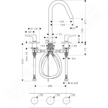 Axor Citterio M - Mitigeur de lavabo avec vidage, installation à 3 trous, chrome 34133000