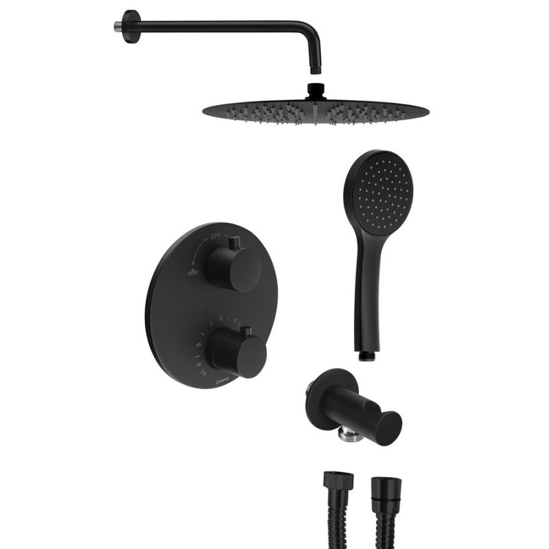 Set de douche en béton avec robinet de mélangeur thermostatique, boîte d'installation, 2 Outlets, tapis noir Set de douche en béton avec robinet de mélangeur thermostatique, boîte d'installation, 2 Outlets, tapis noir