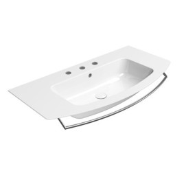 PURA Lavabo en céramique mince incurvée 102x52cm, bord de fond, 3 trous de robinet, blanc ExtraGlaze