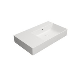 KUBE X lavabo en céramique 80x47cm, étagère gauche, bord de fond groud, pas de trou de robinet, tapis blanc