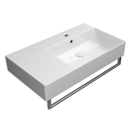 KUBE X lavabo en céramique 80x47cm, étagère gauche, bord de fond groud, blanc ExtraGlaze
