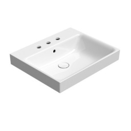 NUBES lavabo en céramique 60x50cm, bord de fond, 3 trous de robinet, blanc ExtraGlaze