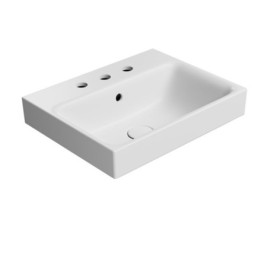 NUBES lavabo en céramique 50x40cm, bord de fond, 3 trous de robinet, tapis blanc