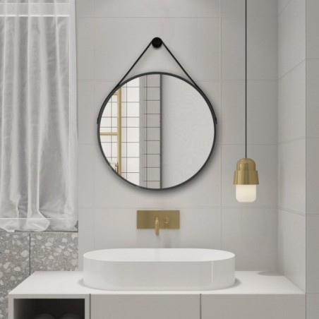 STAGO Miroir rond avec bracelet en cuir, dia. 60cm, noir mat