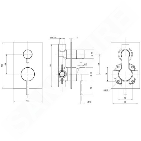 Sapho Minimal - Mitigeur encastré de douche avec corps d'encastrement, 2 sorties, inox MI042