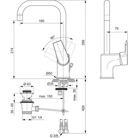 Ideal Standard Tesi - Mitigeur de lavabo à levier avec tuyau d’écoulement pivotant et vidage, chrome A6571AA