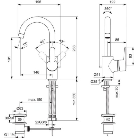 Ideal Standard Connect Blue - Mitigeur de lavabo avec tuyau d’écoulement pivotant et vidage, chrome B0112AA