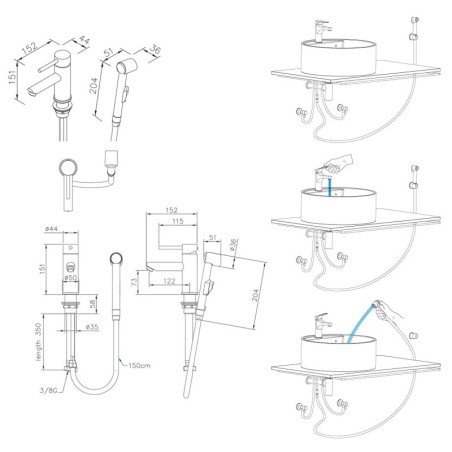 Sapho Rhapsody - Mitigeur de lavabo avec douchette de bidet, chrome 1209-09