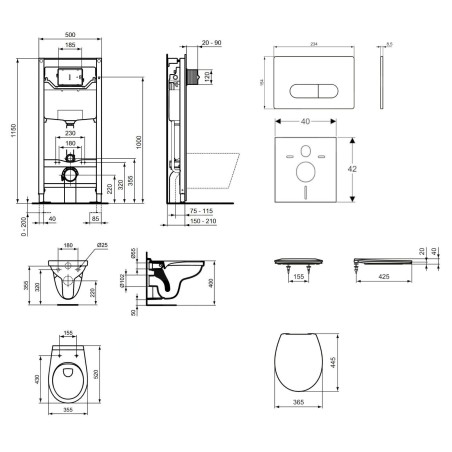 Ideal Standard ProSys - Set d'installation pré-murale, cuvette Alpha avec abattant, plaque de déclenchement Oleas M1