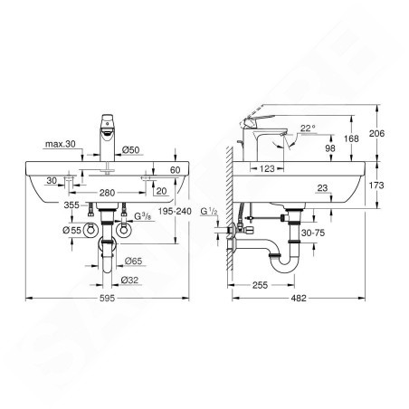 Grohe Euro Ceramic - Set de lavabo 600 mm et robinet Eurosmart Cosmopolitan avec vidage, blanc alpin/chrome 39642000