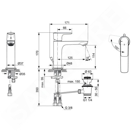 Ideal Standard Connect Air - Mitigeur de lavabo Grande Slim avec vidage, BlueStart, Silver Storm A7013GN