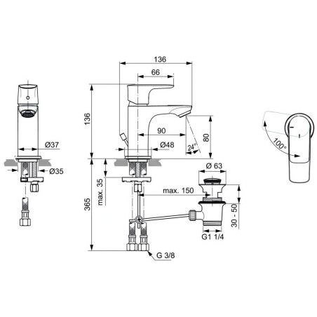 Ideal Standard Connect Air - Mitigeur de lavabo Piccolo Slim avec vidage, BlueStart, Magnetic Grey A7017A5
