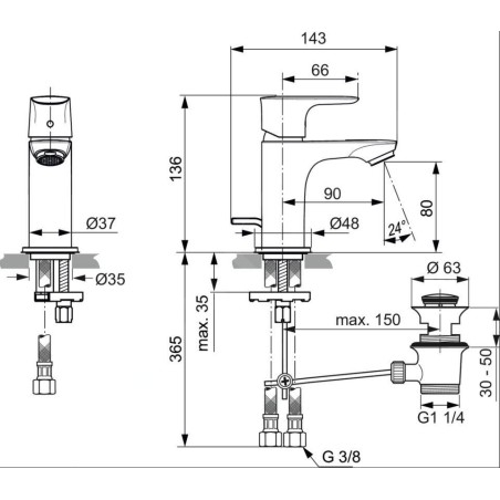 Ideal Standard Connect Air - Mitigeur de lavabo Piccolo Slim avec vidage, Silver Storm A7014GN