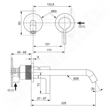 Ideal Standard Joy - Mitigeur de lavabo encastré, bec 225 mm, 2 trous, Silver Storm A7379GN