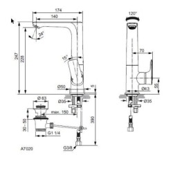 Ideal Standard Connect Air - Mitigeur de lavabo Slim avec bec orientable et vidage, Silver Storm A7020GN