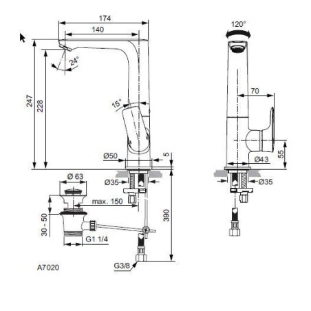 Ideal Standard Connect Air - Mitigeur de lavabo Slim avec bec orientable et vidage, Silver Storm A7020GN