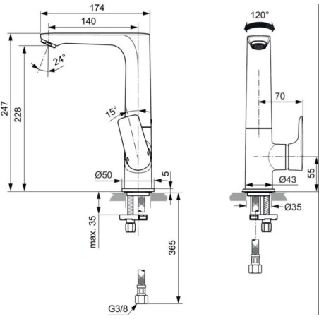 Ideal Standard Connect Air - Mitigeur de lavabo Slim avec bec orientable, Silver Storm A7023GN