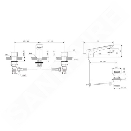Ideal Standard Conca Tap - Mitigeur d'évier, installation 3 trous, avec vidage, chrome BC759AA