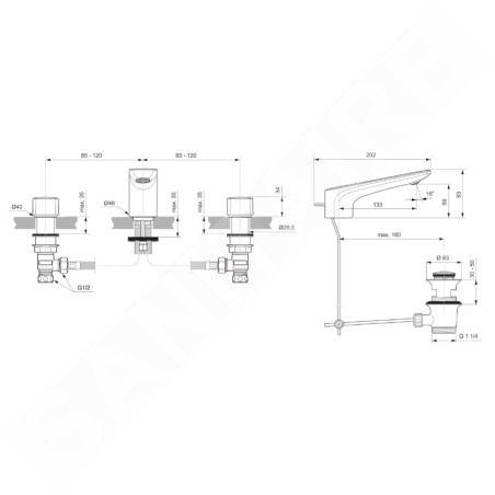 Ideal Standard Conca Tap - Mitigeur d'évier, instalation 3 trous, avec vidage, Magnetic Grey BC759A5