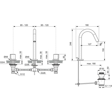 Ideal Standard Joy - Mitigeur de lavabo, installation 3 trous, avec vidage, Silver Storm BC783GN