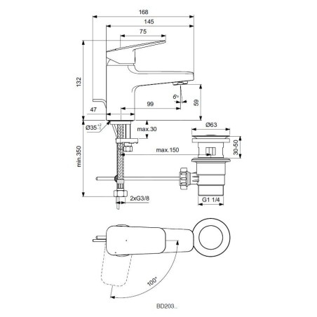Ideal Standard CeraPlan - Mitigeur de lavabo Piccolo avec vidage, BlueStart, chrome BD203AA