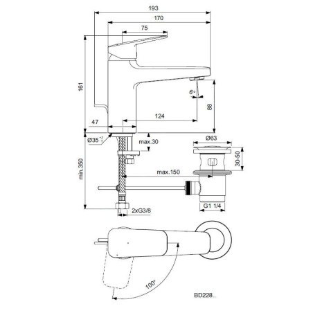 Ideal Standard CeraPlan - Mitigeur de lavabo Grande avec vidage, BlueStart, chrome BD228AA