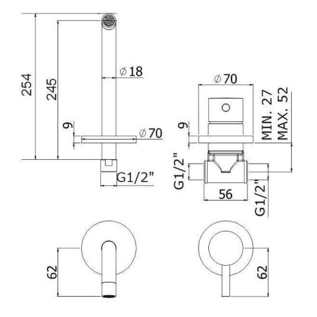 Paffoni Light - Mitigeur de lavabo encastré avec corps, installation de 2 trous, doré LIG007HG70