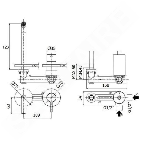 Paffoni Light - Mitigeur de lavabo encastré avec corps, installation de 2 trous, doré brossé LIG104HGSP70