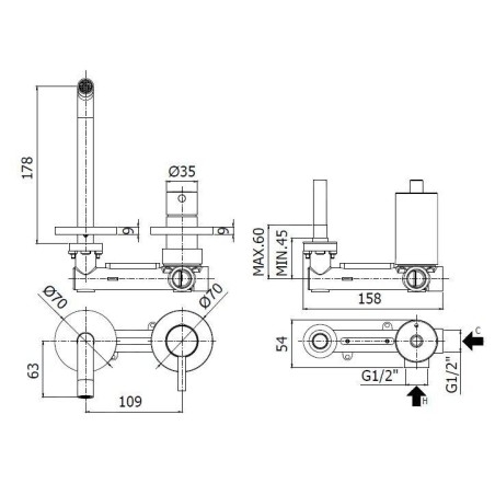 Paffoni Light - Mitigeur de lavabo encastré avec corps, installation de 2 trous, doré LIG105HG70