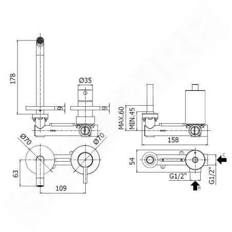 Paffoni Light - Mitigeur de lavabo encastré avec corps, installation de 2 trous, doré brossé LIG105HGSP70