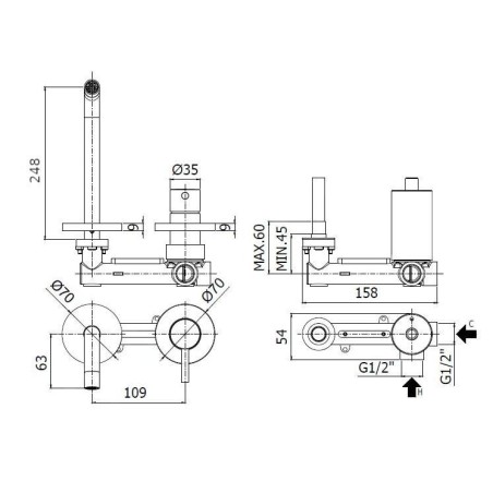 Paffoni Light - Mitigeur de lavabo encastré avec corps, installation de 2 trous, doré brossé LIG106HGSP70