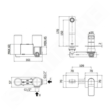 Paffoni Tilt - Mitigeur de lavabo encastré avec corps, installation de 2 trous, inox TI104ST70