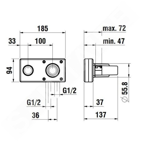 Laufen Concealed Bodies - Corps d’encastrement, Simibox 2-points, levier à droite HF574046000000