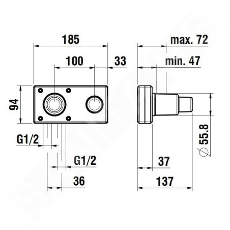Laufen Concealed Bodies - Corps d’encastrement, Simibox 2-points, levier à gauche HF574047000000