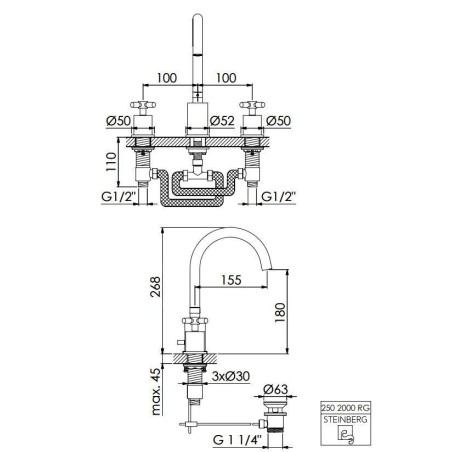 Steinberg 250 - Mitigeur de lavabo avec vidage, installation à 3 trous, or rose 250 2000 RG