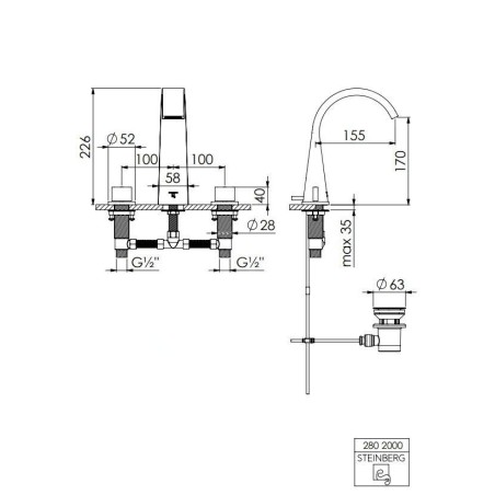 Steinberg 280 - Mitigeur de lavabo avec vidage, installation à 3 trous, chrome 280 2000