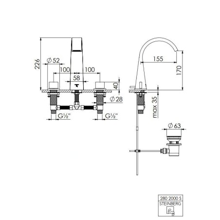 Steinberg 280 - Mitigeur de lavabo avec vidage, installation à 3 trous, noir 280 2000 S