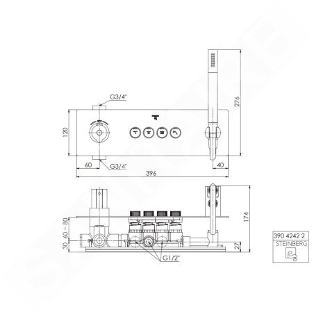 Steinberg 390 - Mitigeur thermostatique à encastrer, 4 sorties, avec corps d’encastrement, noir 390 4242 2 S