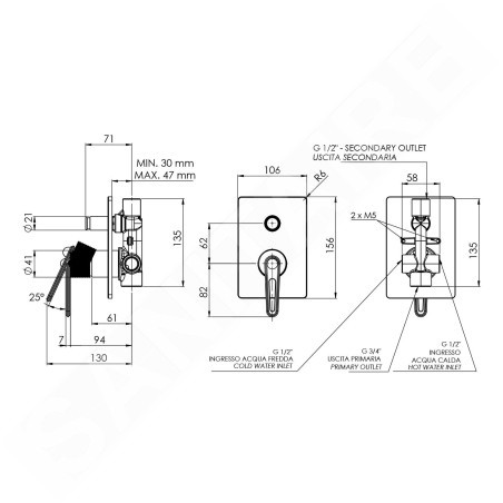Sapho Robinetterie - Mitigeur encastré avec 2 sorties et corps d’encastrement, chrome BB042