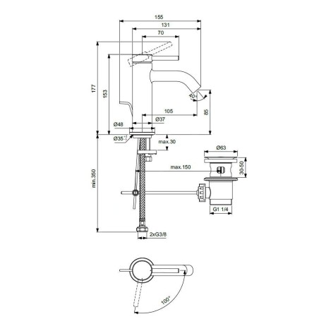 Ideal Standard Ceraline Nuovo - Mitigeur de lavabo avec bonde, BlueStart, noir soyeux BD758XG
