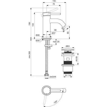 Ideal Standard Ceraline Nuovo - Mitigeur de lavabo avec bonde ClickClack, BlueStart, noir soyeux BD958XG