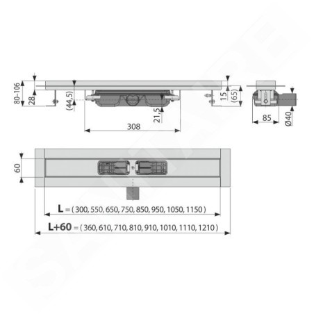 Alcadrain Douchegoten - Caniveau de douche Professional Low 750 mm, avec rebord pour grille perforée, inox APZ106-750