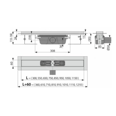 Alcadrain Douchegoten - Caniveau de douche Professional 850 mm, avec rebord pour grille perforée, acier inoxydable APZ6-850